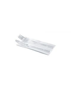 Pack de cubiertos desechables para catering - Servilleta 30, tenedor y cuchillo transparentes.